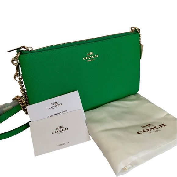 COACH Green Pebble Leather Crossbody Bag Wristlet Gold Chain Strap New - Picture 2 of 12